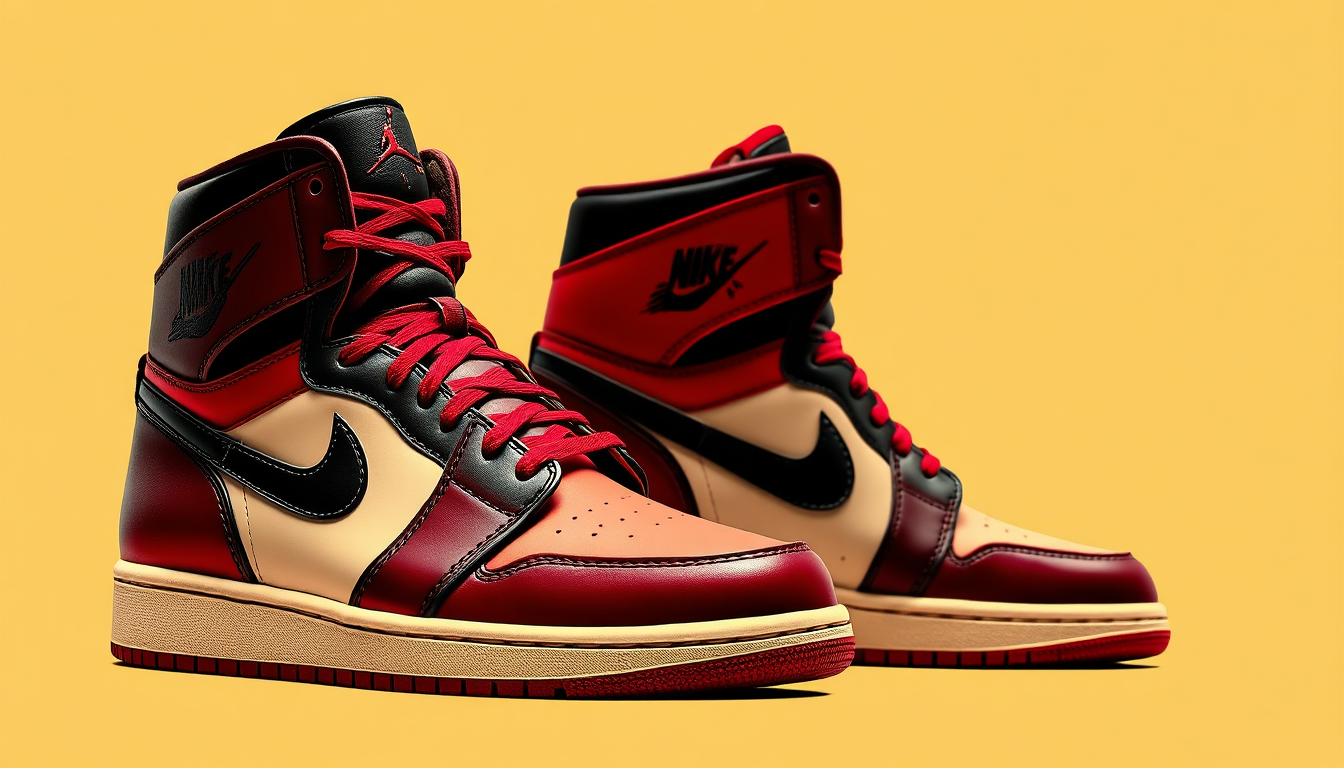 A close-up, photorealistic shot of a pair of iconic sneakers juxtaposed against a high-fashion runway backdrop. Focus on the intricate details of the sneaker's design, highlighting its texture, stitching, and silhouette. The lighting should be dramatic, creating stark contrasts and emphasizing the sneaker's bold design. The background should be blurred, creating a sense of depth and drawing attention to the sneaker as the focal point. The composition should be balanced, with the sneaker appearing elegant and sophisticated. The overall style should be reminiscent of a high-fashion advertisement, blending street style with runway aesthetics in 4K resolution.