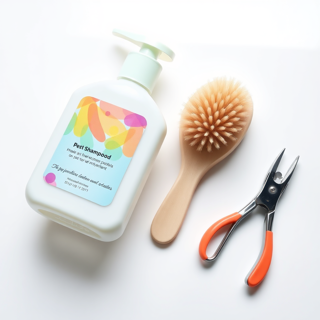 Create a clean, brightly lit product shot featuring an assortment of pet grooming supplies. Include a shampoo bottle with a colorful label, a soft bristle brush, and nail clippers. Arrange the items neatly on a white surface. Focus on capturing the textures of the products, such as the smooth plastic of the bottle and the soft bristles of the brush. Add a subtle reflection to create depth. The overall feeling should be professional and hygienic.