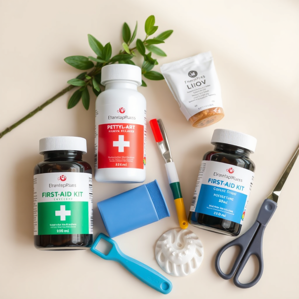 Create a clean, well-lit image of pet health and wellness products, such as vitamin supplements, first-aid kit components, and grooming tools aimed at maintaining pet hygiene. Place these on a calming, light-colored surface with a natural element, like a small plant, to represent health and vitality. Ensure the product labels are clearly visible but not overwhelming.