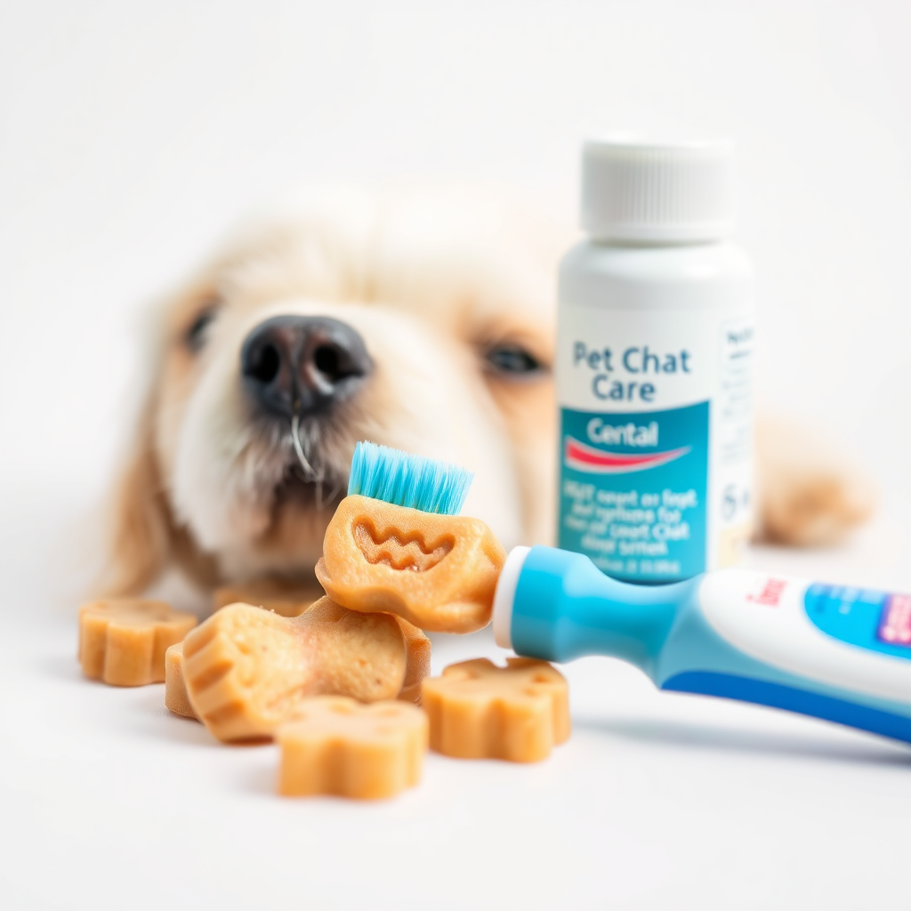 Create a close-up shot of pet dental care products, including a toothbrush, toothpaste, and dental chew. Emphasize the textures and details of each product. Use a clean, white background to highlight the products. The lighting should be bright and even to convey cleanliness and hygiene.