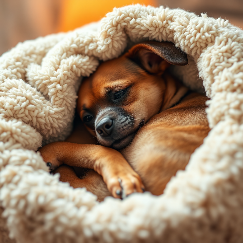 Create a heartwarming image of a pet curled up comfortably in a plush bed. Focus on the pet's relaxed expression and the softness of the bed. Use warm, inviting lighting to create a sense of coziness. The background should be softly blurred to keep the focus on the pet and the bed.