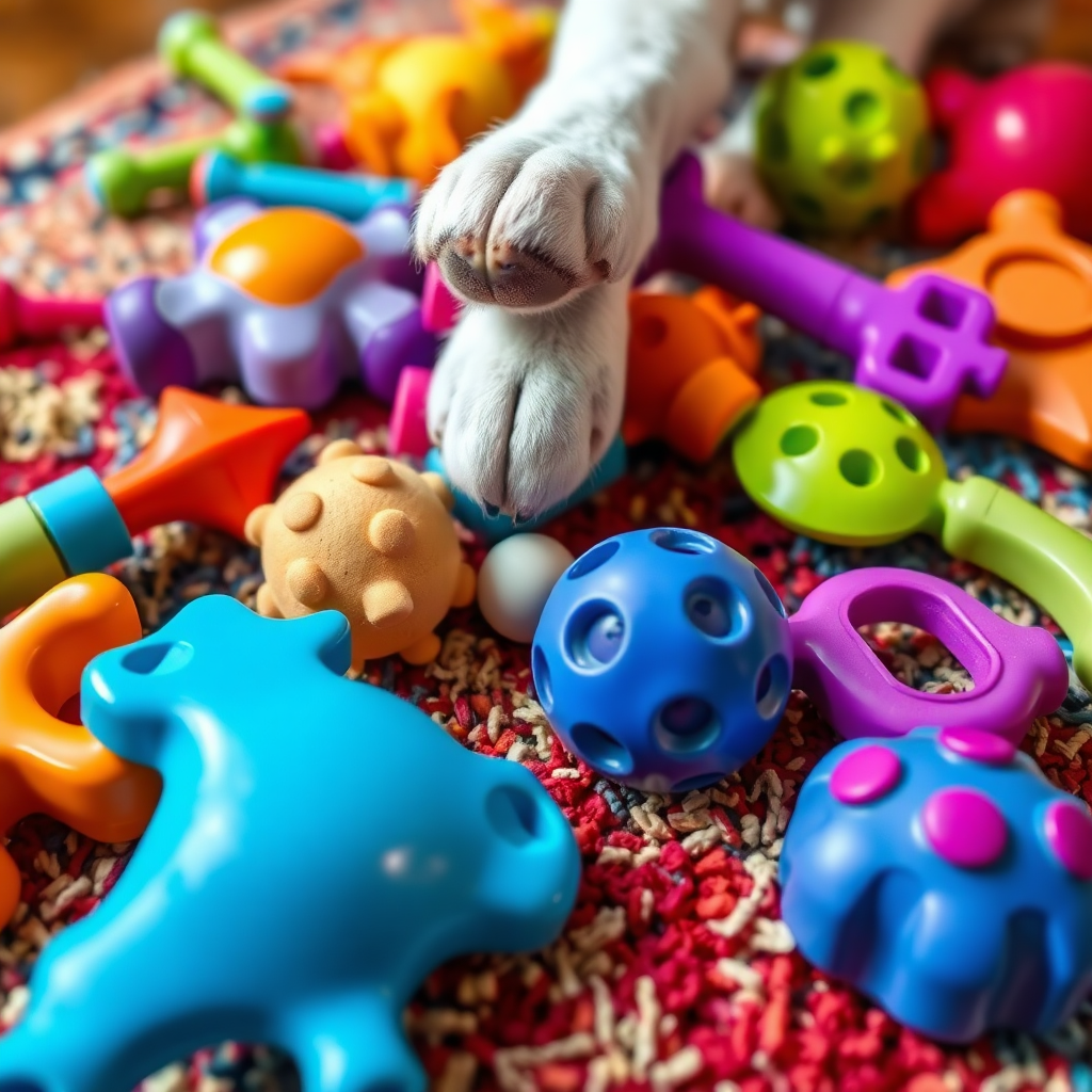 Create a playful image showcasing a variety of pet toys scattered across a colorful rug. Include squeaky toys, chew toys, and interactive puzzles. Use bright, saturated colors to capture the energy and excitement of playtime. Add a pet paw reaching for a toy to create a sense of engagement. The background should be slightly blurred to keep the focus on the toys.