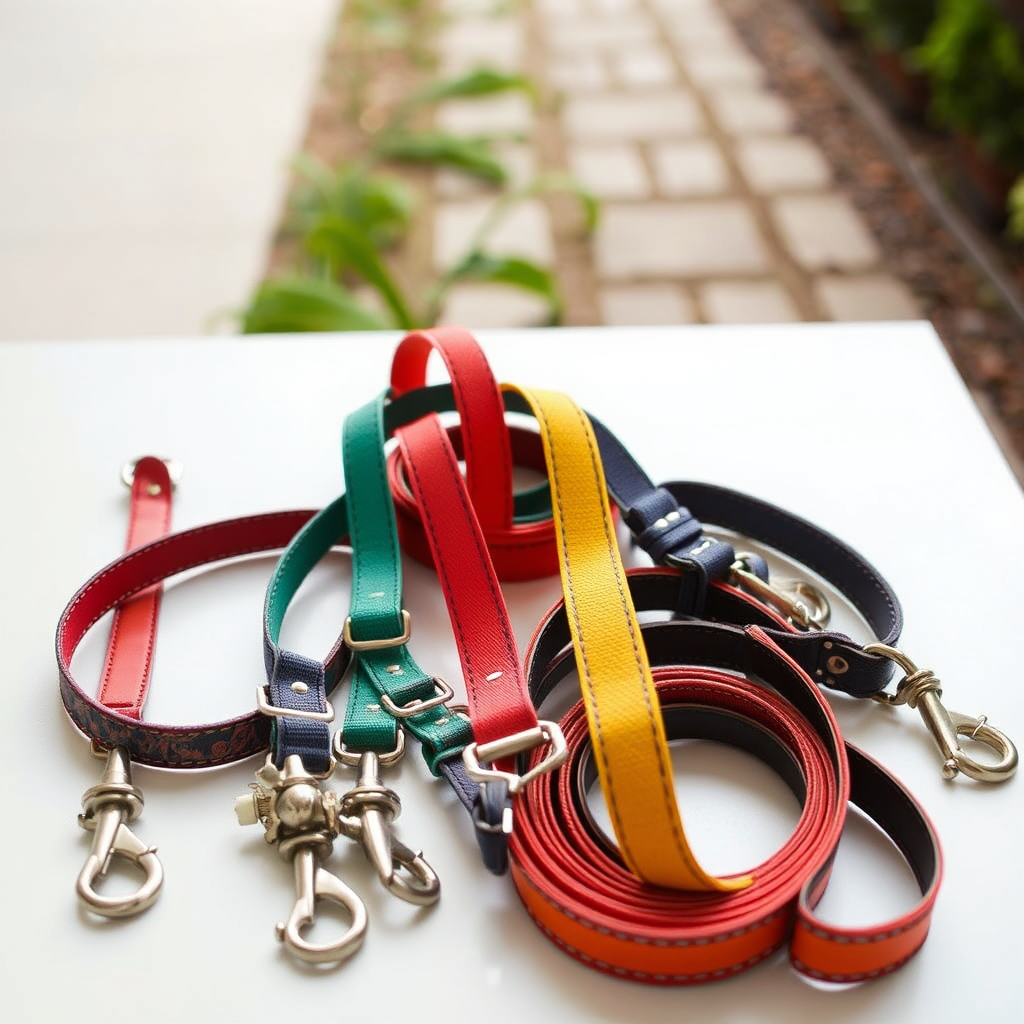 Create a stylish shot featuring a variety of leashes and collars. Show different colors, materials, and designs. Arrange the items neatly on a clean surface. The lighting should be bright and even to showcase the products. Consider adding a subtle background element, like a park path, to suggest outdoor adventures.