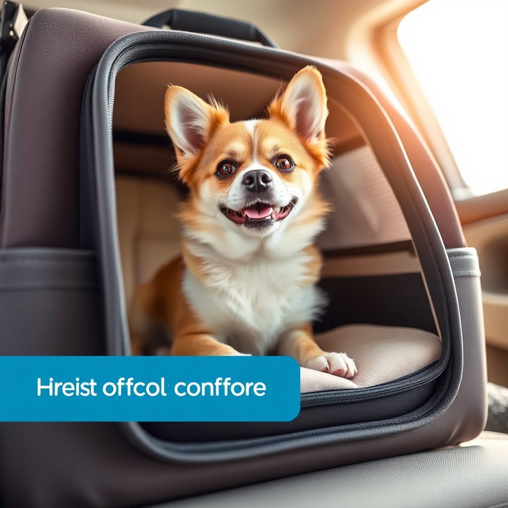 Create an image showcasing a pet carrier with a happy pet (cat or small dog) peeking out. The carrier should be well-lit and visually appealing, placed in a bright, airy setting suggesting travel or home comfort. Highlight the carrier's features, such as ventilation and comfortable padding. The pet's expression should convey calmness and security.