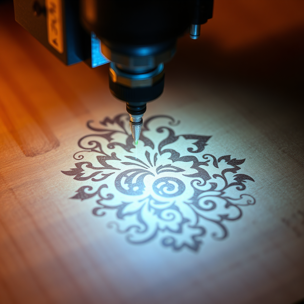 A close-up shot of a laser engraving machine in action, etching intricate designs onto a wooden surface. The laser beam is visible, creating a sense of precision and artistry. The lighting is dramatic, highlighting the details of the engraving process. The style is technical and precise. 4K resolution, high detail.