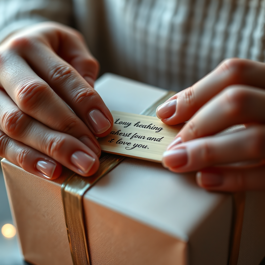 A close-up shot of a person's hands carefully placing a custom-engraved tag on a gift box. The tag features a heartfelt message, expressing the sender's love and appreciation. The lighting is soft and intimate, creating a sense of personal connection. The background is blurred, emphasizing the personal touch. The style is delicate and sentimental. 4K resolution, high detail.