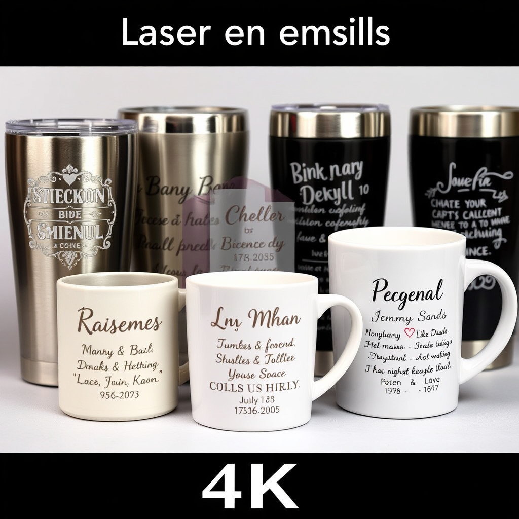 A close-up studio shot featuring a variety of stainless steel tumblers and ceramic mugs, each uniquely laser-engraved with different designs, names, and quotes. Focus is sharp on the engraved details, highlighting the precision and clarity of the laser etching. Soft, even lighting avoids harsh shadows and showcases the textures of the materials. The background is a clean, neutral surface. The style is product photography, aiming to showcase the quality and personalization options. 4K resolution, high detail.
