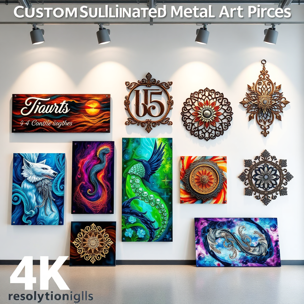 A collection of custom sublimated metal art pieces, including personalized signs, decorative panels, and unique wall hangings. The pieces are displayed in a modern art gallery, with spotlights highlighting the vibrant colors and intricate designs. The background is clean and minimalist, emphasizing the artistry of the metal pieces. The style is contemporary and sophisticated. 4K resolution, high detail.