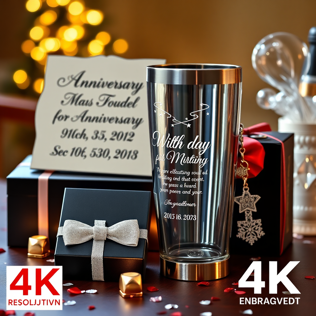 A collection of engraved gifts for various special occasions: an anniversary plaque with the couple's names and wedding date, a birthday tumbler with a personalized message, and a graduation keychain with the graduate's name and year. The gifts are elegantly arranged on a celebratory table. The lighting is festive and joyful. The style is celebratory and heartwarming. 4K resolution, high detail.