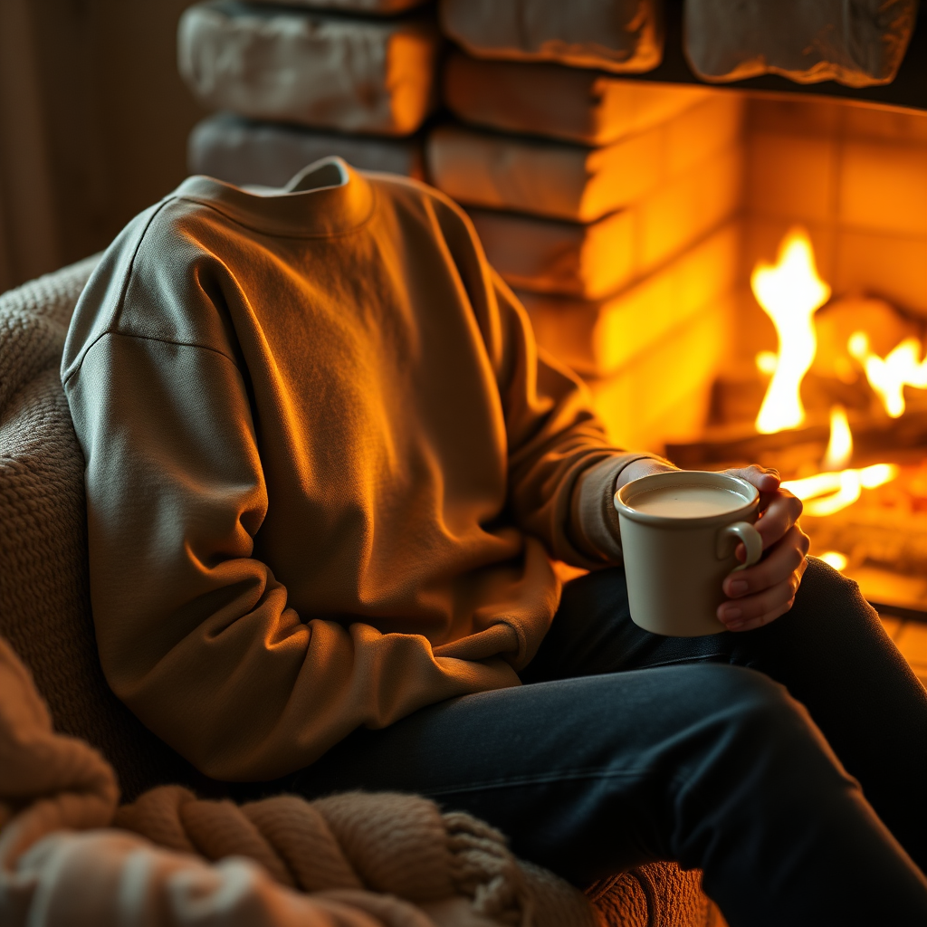 A cozy scene of a person wearing a custom sublimated sweatshirt, sitting by a fireplace with a cup of hot cocoa. The sweatshirt design is subtle and comforting, with warm colors and a relaxed fit. The lighting is soft and inviting, creating a sense of warmth and relaxation. The style is lifestyle photography, emphasizing the comfort and style of the sweatshirt. 4K resolution, high detail.