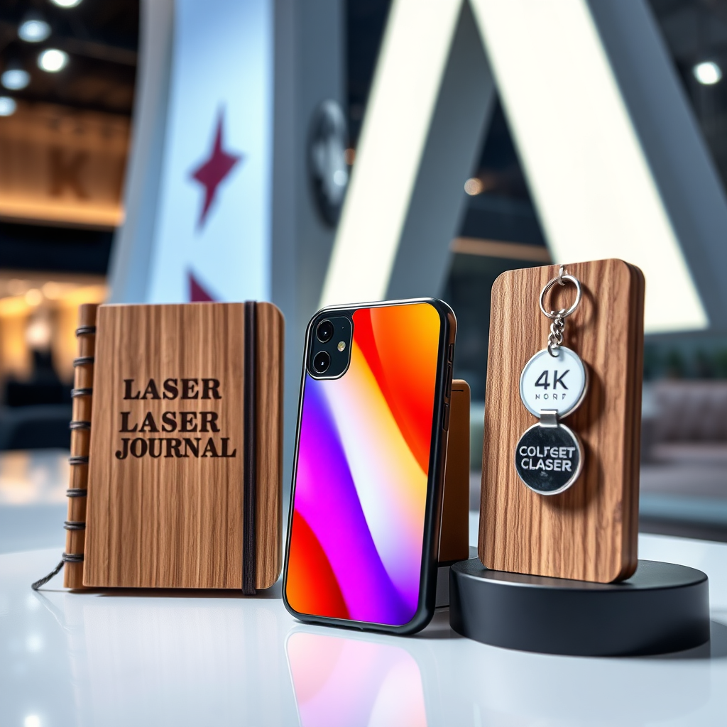A display of unique, customized creations: a laser-engraved wooden journal, a sublimated phone case, and a personalized keychain. The items are arranged in a modern and stylish setting, highlighting their individuality and creativity. The lighting is bright and vibrant, showcasing the unique designs and materials. The style is contemporary and expressive. 4K resolution, high detail.