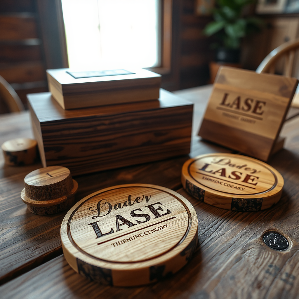 A group of laser engraved wooden items, including a decorative box, a personalized plaque, and a set of coasters. The items are arranged on a rustic wooden table, with natural light streaming in from a nearby window. The wood grain is visible, adding to the warmth and natural feel of the scene. Focus is sharp on the engraved details, highlighting the precision and artistry of the laser etching. The style is rustic and inviting. 4K resolution, high texture detail.