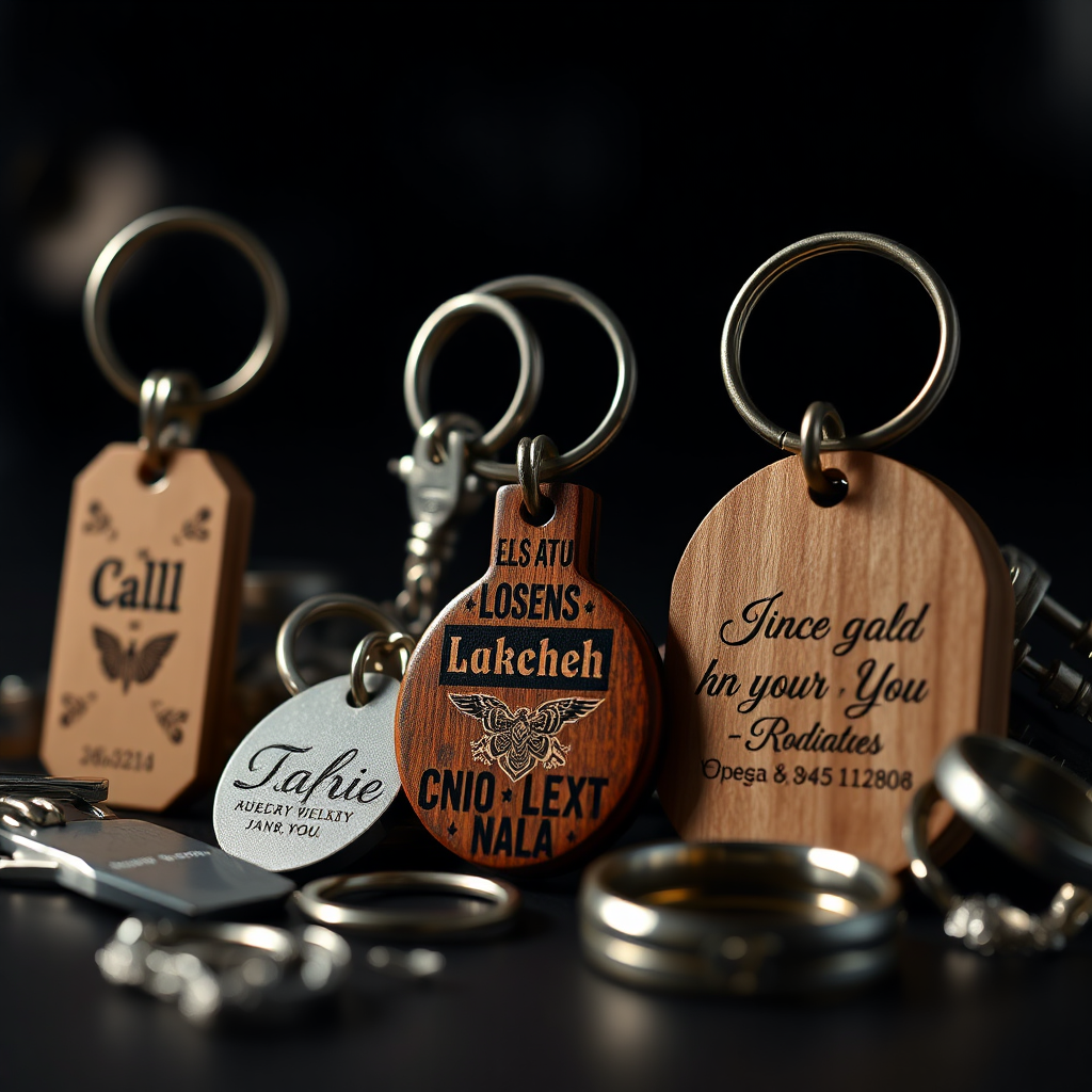 A macro shot showcasing a collection of keychains and jewelry pieces, each delicately laser-engraved with intricate designs and personalized messages. The keychains are made of metal and wood, while the jewelry includes pendants, bracelets, and rings. The lighting is dramatic, with spotlights highlighting the engraved details and casting shadows to create depth. The background is dark and blurred, emphasizing the small details of the items. The style is artistic product photography. 4K resolution, extreme detail.