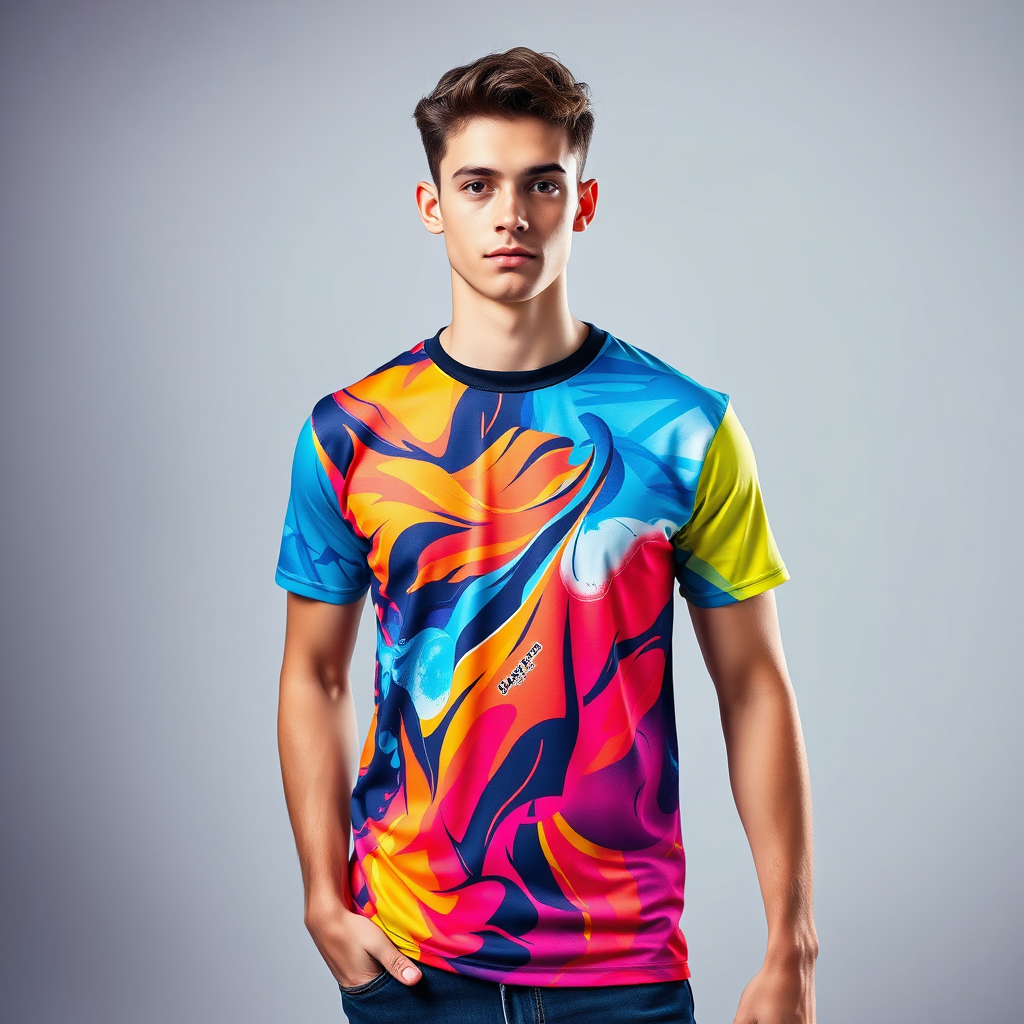 A model wearing a bright, custom sublimated T-shirt with a unique design. The model is standing in a well-lit studio with a neutral background. The T-shirt design is vivid and eye-catching. Focus is sharp on the T-shirt, showcasing the quality of the sublimation printing. The style is modern and fashionable, appealing to a younger audience. 4K resolution, high detail.