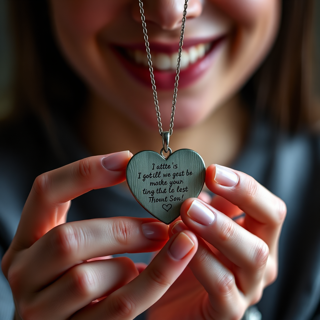 A person holding a personalized gift – a custom-engraved heart-shaped pendant with a special message. The person is smiling warmly, expressing genuine affection. The lighting is soft and intimate, creating a sense of love and connection. The background is blurred, emphasizing the heartfelt moment. The style is emotional and touching. 4K resolution, high detail.