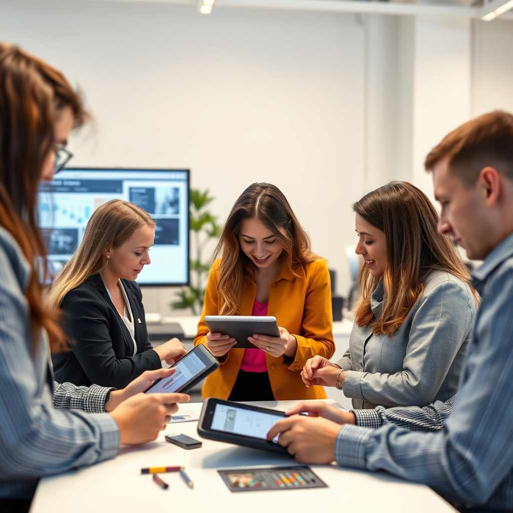 A team of designers working collaboratively on a custom design project, using digital tablets and computer screens. The atmosphere is creative and collaborative, emphasizing the teamwork and expertise involved in the design process. The lighting is bright and inspiring. The style is collaborative and innovative. 4K resolution, high detail.