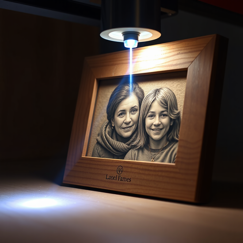 A time-lapse video still capturing the laser engraving process on a wooden photo frame. The laser beam is visible, etching intricate details into the wood, gradually revealing a family portrait. The scene is dramatic and captivating, emphasizing the precision and artistry of the laser engraving process. 4K resolution, high detail.