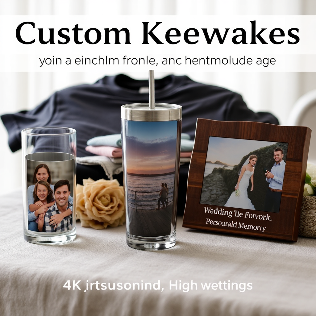 A variety of custom keepsakes displaying treasured memories: a T-shirt with a family portrait, a tumbler with a vacation snapshot, and a wooden plaque with a wedding photo. The items are arranged on a table with soft, diffused lighting. Each item is unique and personal, showcasing the power of personalized gifts. The style is heartwarming and nostalgic. 4K resolution, high detail.