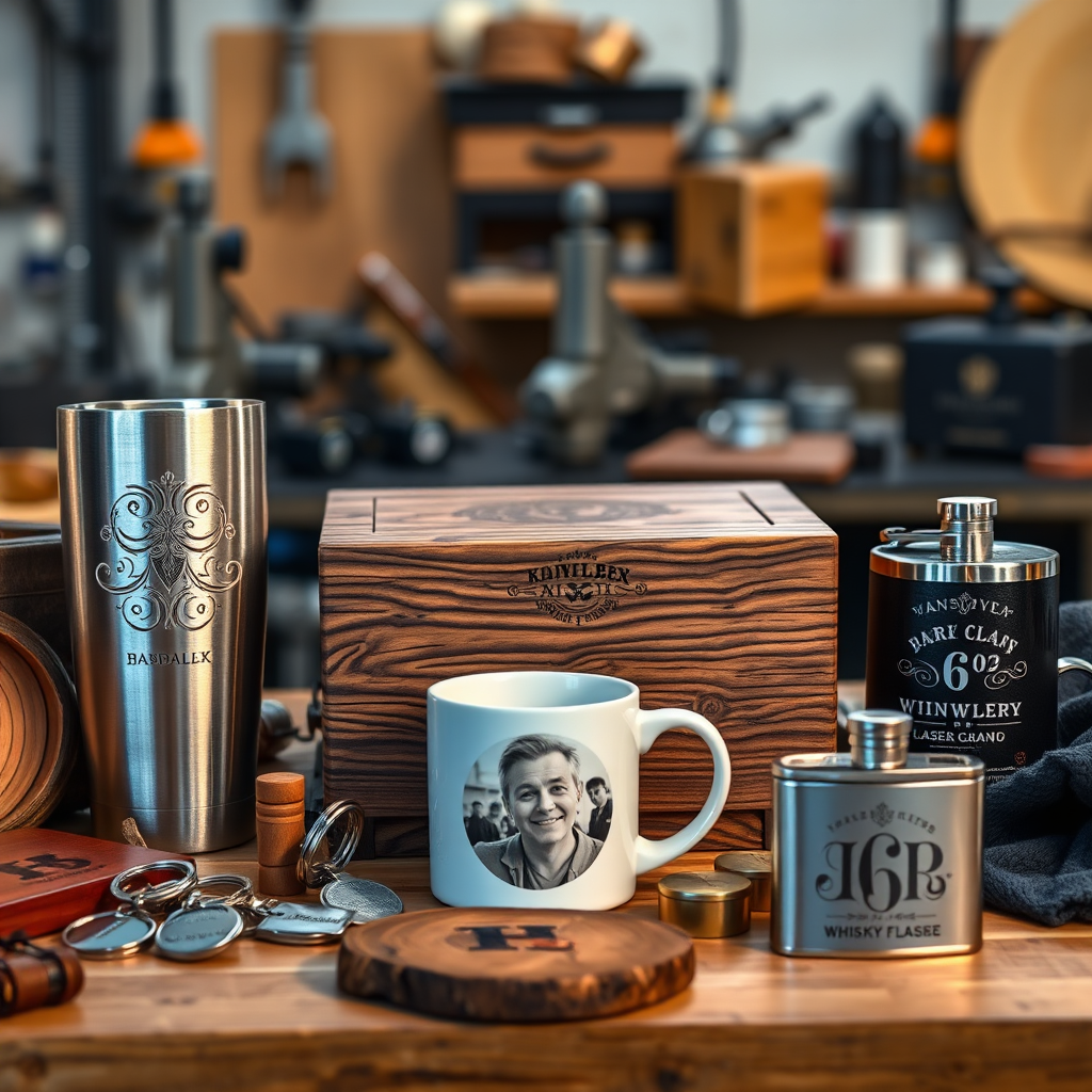 A vibrant and detailed photograph showcasing a diverse array of custom laser-engraved and sublimated items. The central focus is a handcrafted wooden box with intricate laser-etched designs, surrounded by a collection of personalized items such as a stainless-steel tumbler with a family portrait, a set of keychains with custom initials, a ceramic mug displaying a colorful sublimated graphic, and a whisky flask elegantly engraved with a monogram. The lighting should be warm and inviting, highlighting the textures of the wood, metal, and fabric. Use a shallow depth of field to keep the engraved details crisp. The background should be a blurred workshop environment with visible engraving tools and machinery to convey authenticity. Captured in 4K resolution with high-quality textures, rendering a professional and engaging advertisement style.