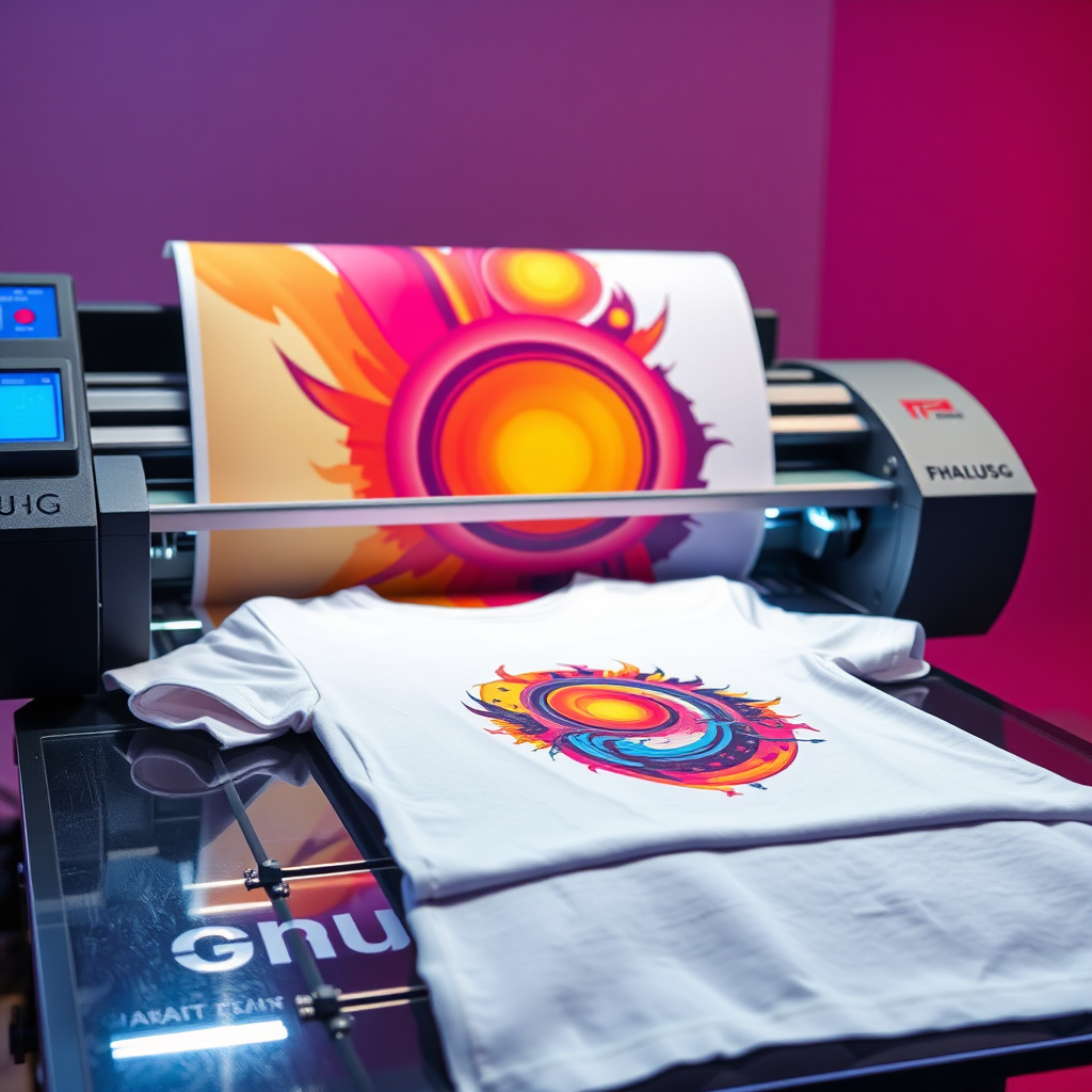 A vibrant scene showcasing a sublimation printer in action, transferring a colorful design onto a T-shirt. The colors are bright and saturated, emphasizing the quality of the sublimation printing. The lighting is even and well-lit. The style is modern and vibrant. 4K resolution, high detail.
