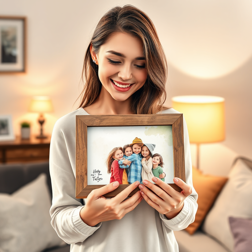 A heartwarming scene of a young woman receiving a personalized gift – a laser-engraved photo frame with a picture of her and her family. She is smiling genuinely, holding the gift close to her heart. Soft, diffused lighting illuminates the scene, creating a warm and emotional atmosphere. The background is a cozy living room, adding to the sense of intimacy. The style is lifestyle photography, capturing a genuine moment of joy and connection. 4K resolution, high-quality rendering.