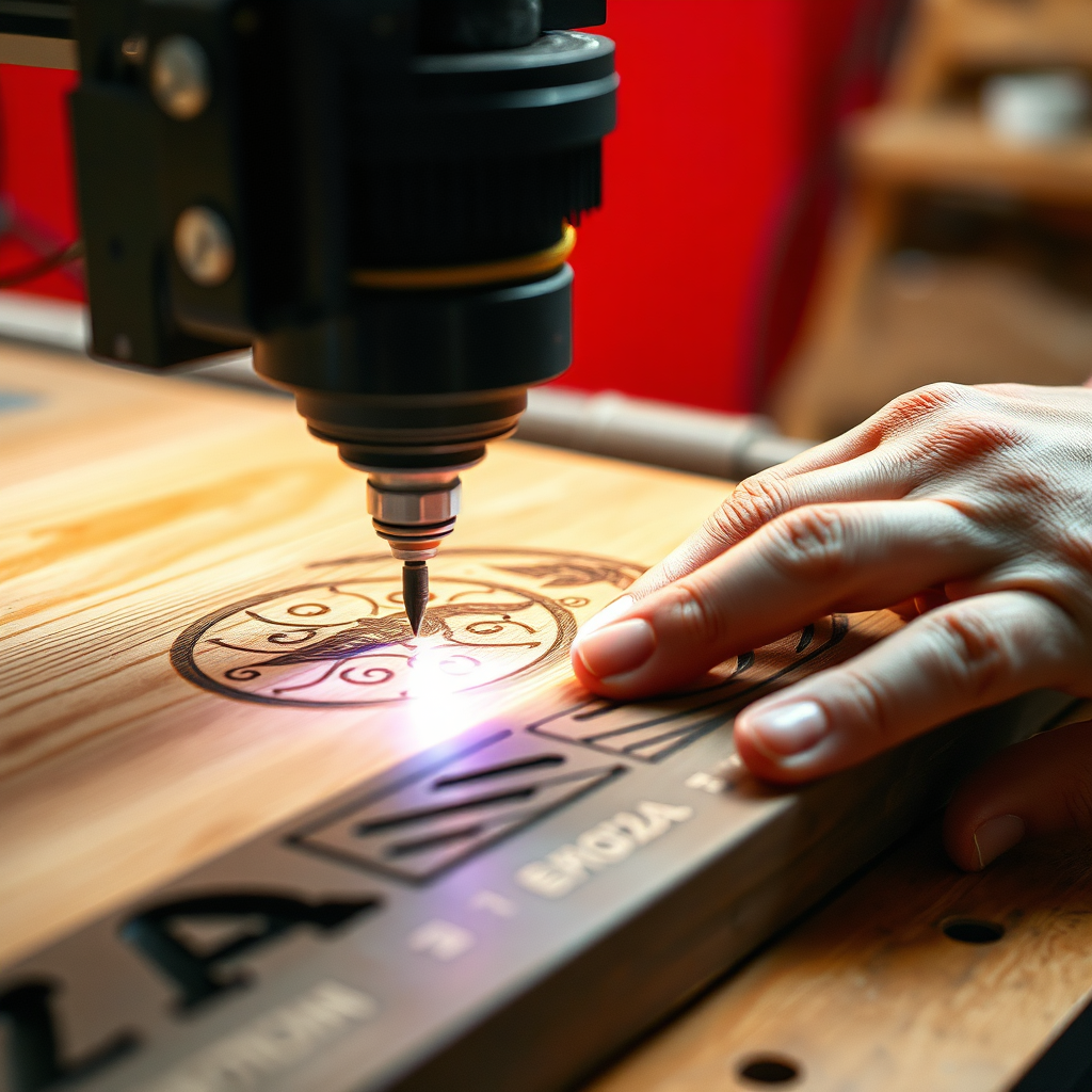 Close-up shot of a skilled artisan's hands carefully operating a laser engraving machine on a wooden surface. The laser beam is visible, etching intricate details into the wood. Focus is sharp on the artisan's hands and the laser head, with a blurred background showcasing the workshop environment. Warm, natural lighting enhances the textures of the wood and the metallic components of the machine. The style is documentary, emphasizing the craftsmanship and attention to detail. Captured in 4K with high-resolution textures.
