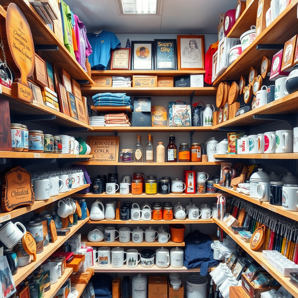 A wide shot featuring shelves filled with a multitude of diverse, customizable items. Laser-engraved wooden plaques, sublimated T-shirts, personalized mugs, keychains, and an assortment of other gifts are visible. The scene should be brightly lit, showcasing the variety of colors and materials. A shallow depth of field focuses on the central shelves, creating a sense of abundance and choice. The style is commercial photography, aiming to entice customers with the sheer range of options available. 4K resolution, high detail.