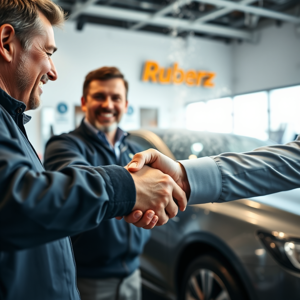 A close-up image of a satisfied customer shaking hands with the owner of Rubenz Carwash, with a sparkling clean car in the background. Lighting: warm and reassuring. Color palette: soft and inviting. Camera angle: tight shot emphasizing the handshake. Style: friendly business photography.
