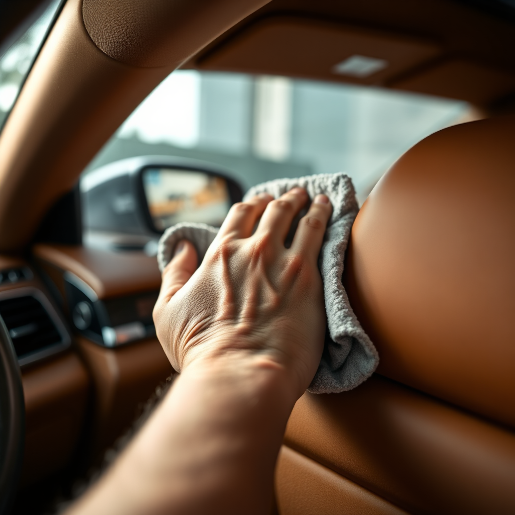 A close-up, photorealistic image of a hand meticulously detailing the interior of a car. The hand is carefully wiping down the dashboard with a microfiber cloth, demonstrating attention to detail. Lighting: soft and focused to highlight the detailing process. Color palette: warm and inviting, with leather and wood tones. Camera angle: tight shot emphasizing the precision of the hand's movements. The environment is the interior of a luxury car. Style: hyperrealistic detailing photography.
