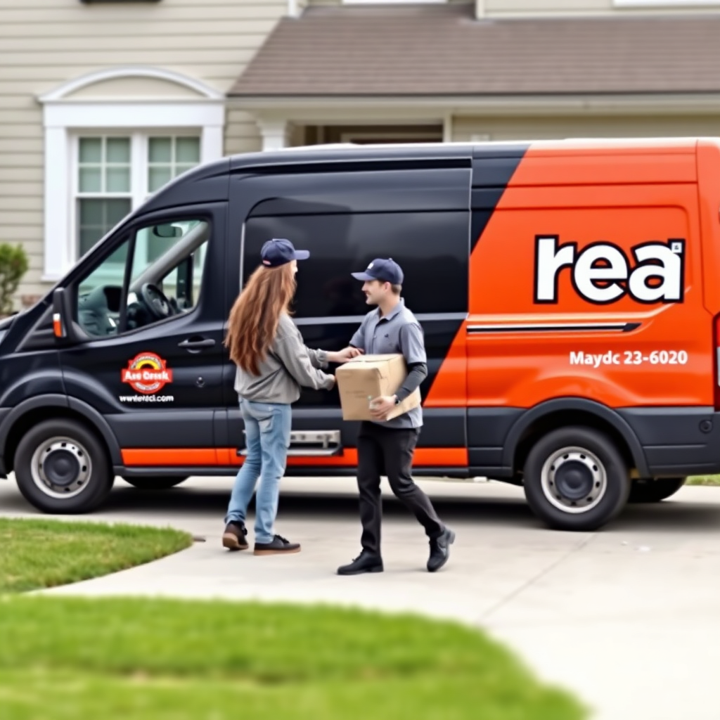 A delivery van with the company logo parked in front of a house, with a delivery person handing a package to a customer.