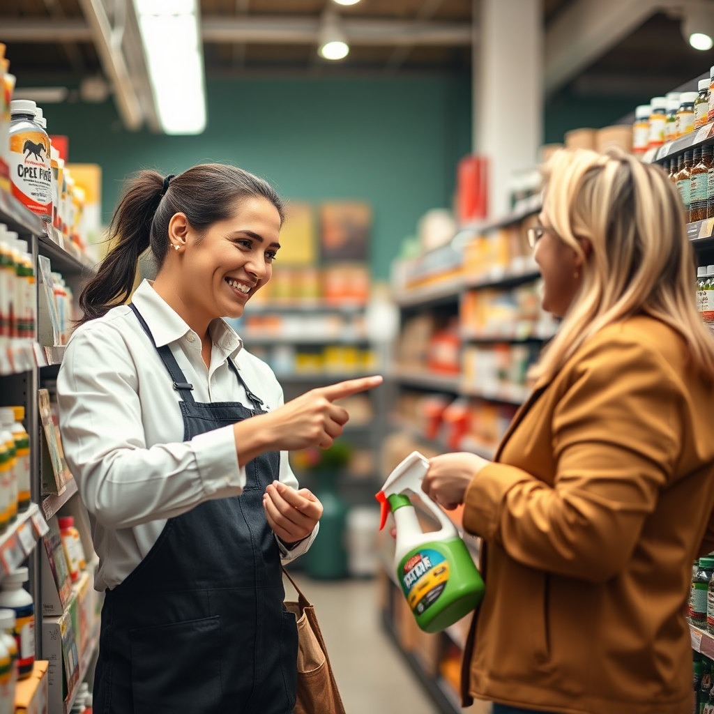 A friendly and knowledgeable staff member assisting a customer in selecting the right pest control product. The staff member is pointing to product information and offering guidance. The customer appears engaged and receptive. The lighting is warm and inviting. The color palette is professional and approachable. Style reference: customer service photography. The image should convey trust and expertise.