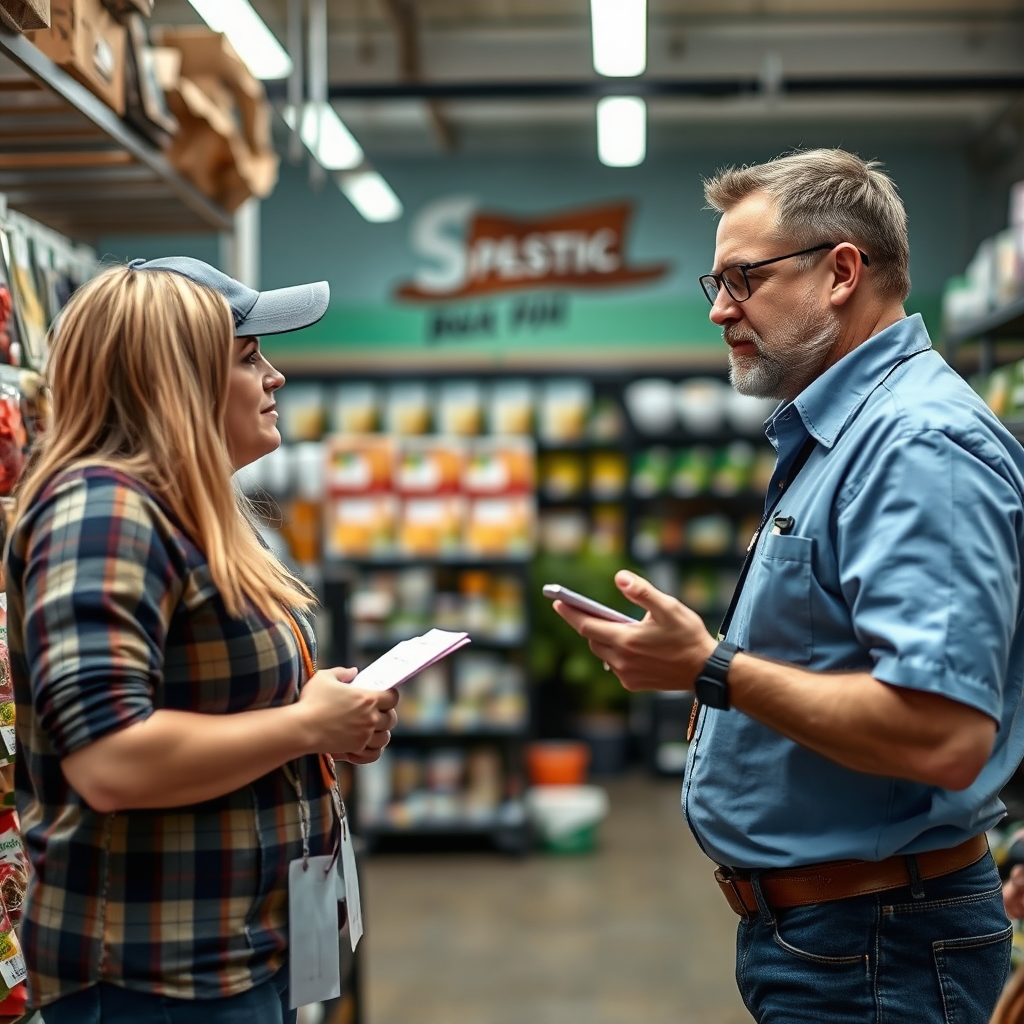 A friendly pest control expert advising a customer in a store setting. Focus on the interaction and the expert's knowledge.