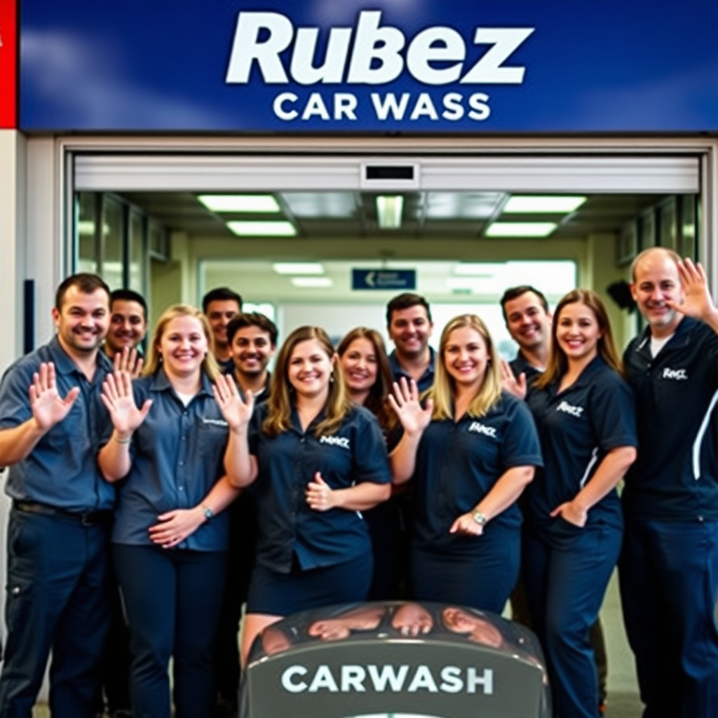 A group photo of the Rubenz Carwash team, smiling and waving to the camera. The team is wearing clean uniforms and standing in front of the carwash. Lighting: bright and natural. Color palette: friendly and inviting. Camera angle: medium shot conveying a sense of camaraderie. Style: candid, professional team photography.