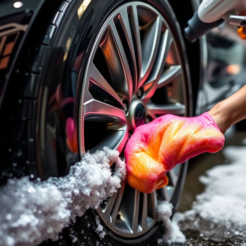 A high-quality image showcasing a car receiving a deluxe wash, specifically highlighting the tire shine application and the triple foam process. Lighting: Focus on the gleaming tires and the vibrant colors of the triple foam. Color palette: Rich and luxurious, with deep blacks and vibrant colors. Camera angle: A close-up shot of the tire and the foam, showcasing the detail. Style: Emphasize luxury and thoroughness. Props: Gleaming tires, colorful foam, and sparkling clean car.