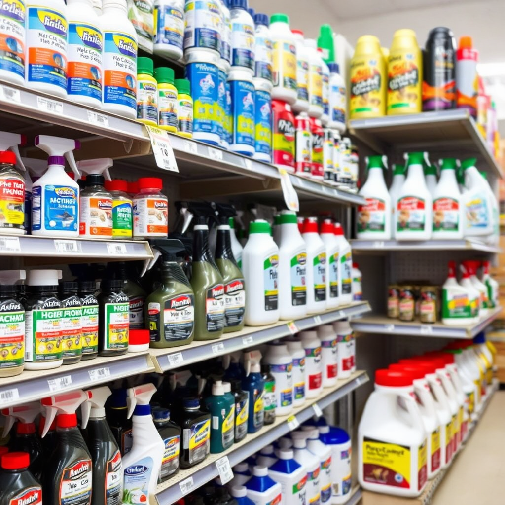 A neatly organized display of various pest control products on shelves in a store. Focus on product diversity and clear labeling.