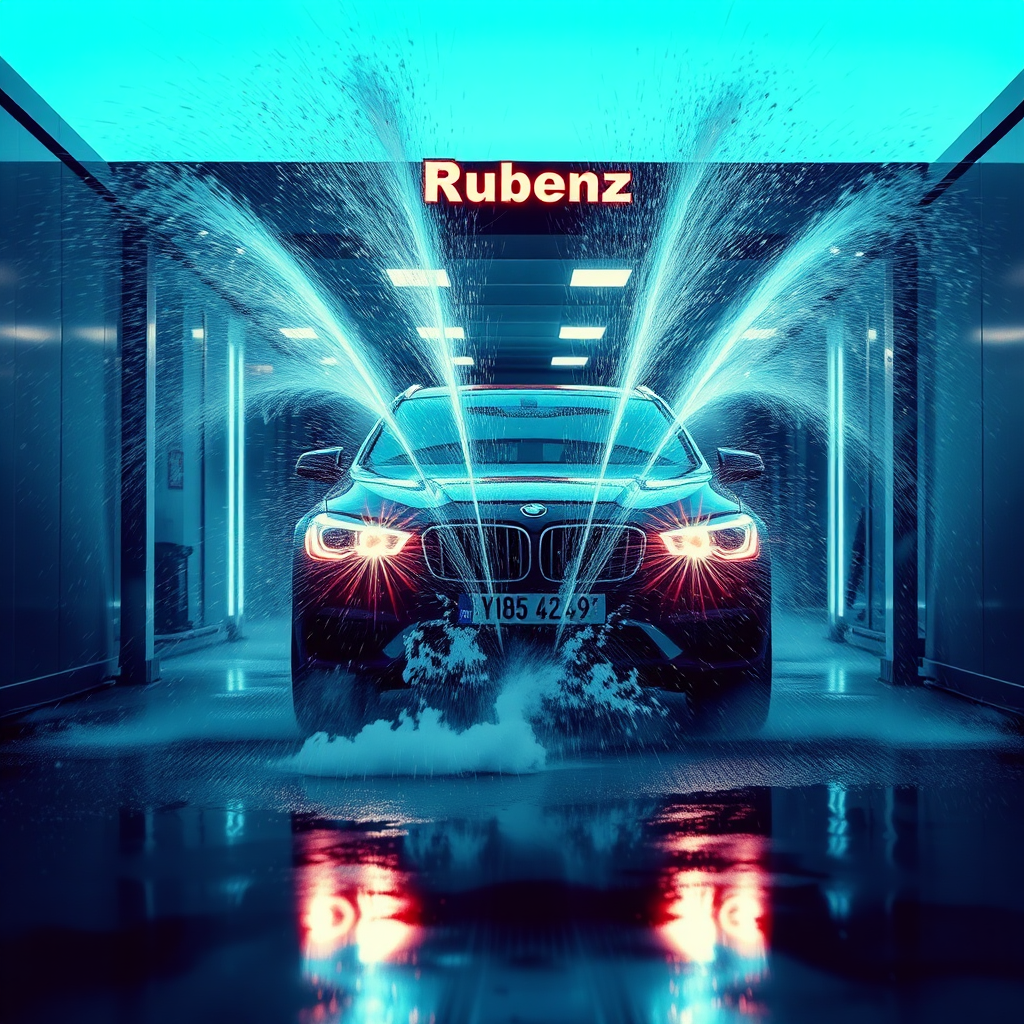 A photorealistic image of a car going through the Rubenz Carwash automatic wash system, with powerful jets of water spraying the car. Lighting: dramatic and dynamic. Color palette: blues and whites to emphasize cleanliness. Camera angle: low angle shot conveying power and efficiency. Style: action shot carwash photography.