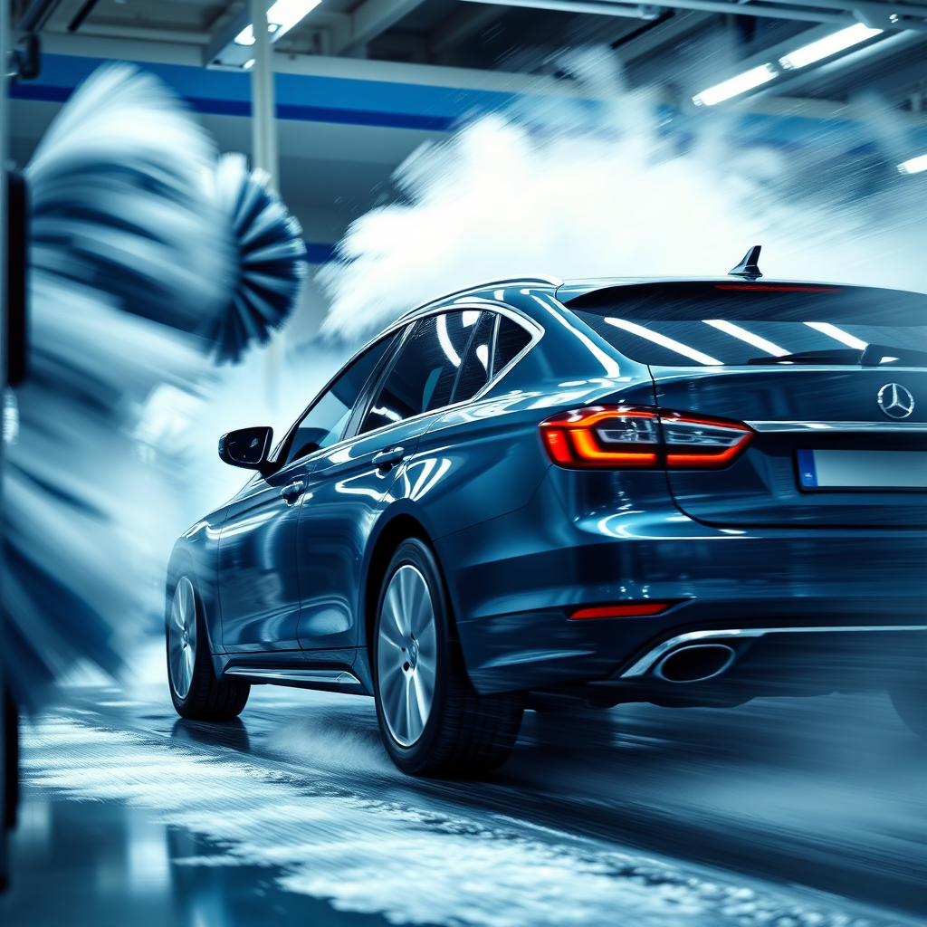 A photorealistic image of a car quickly passing through an automated car wash system. Focus on the water jets and brushes in action. Lighting: Bright and dynamic, highlighting the speed and efficiency. Color palette: Blues and whites to represent water and cleanliness. Camera angle: A side view, capturing the car in motion. Style: Action-oriented, emphasizing the 'express' nature. Props: Soap suds, spinning brushes.