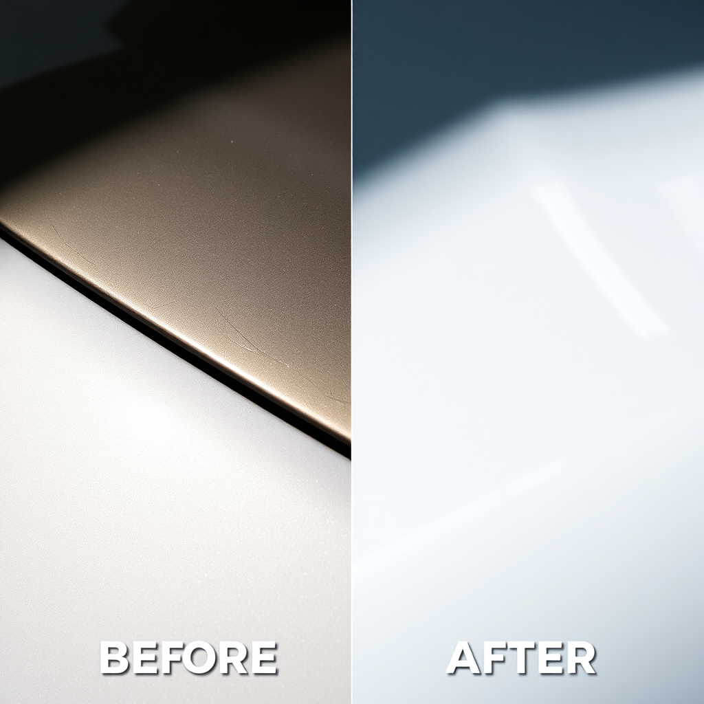 A photorealistic image showing a before-and-after comparison of a car's paint surface being professionally polished. One side is dull and scratched, while the other is gleaming and scratch-free. Lighting: harsh, direct lighting to highlight the difference. Color palette: contrasting colors to showcase the transformation. Camera angle: close-up shot emphasizing the paint's texture. Style: professional automotive detailing photography.