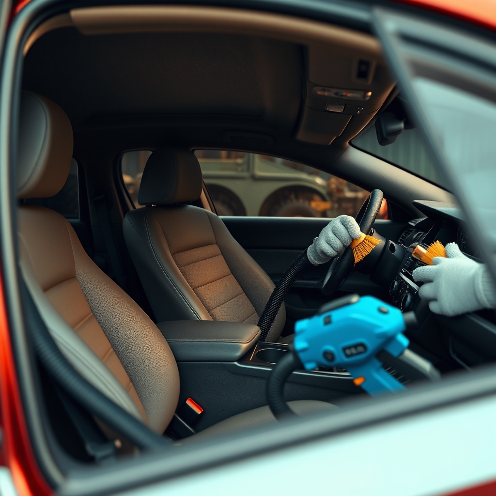 A photorealistic image showing the interior of a car being meticulously detailed. Focus on the vacuuming of the seats and the cleaning of the dashboard. Lighting: Soft and diffused, highlighting the cleanliness and attention to detail. Color palette: Warm and inviting, emphasizing the comfort of a clean interior. Camera angle: A slightly high angle, capturing the entire interior. Style: Emphasize cleanliness and attention to detail. Props: Vacuum cleaner, detailing brushes, and a spotless interior.