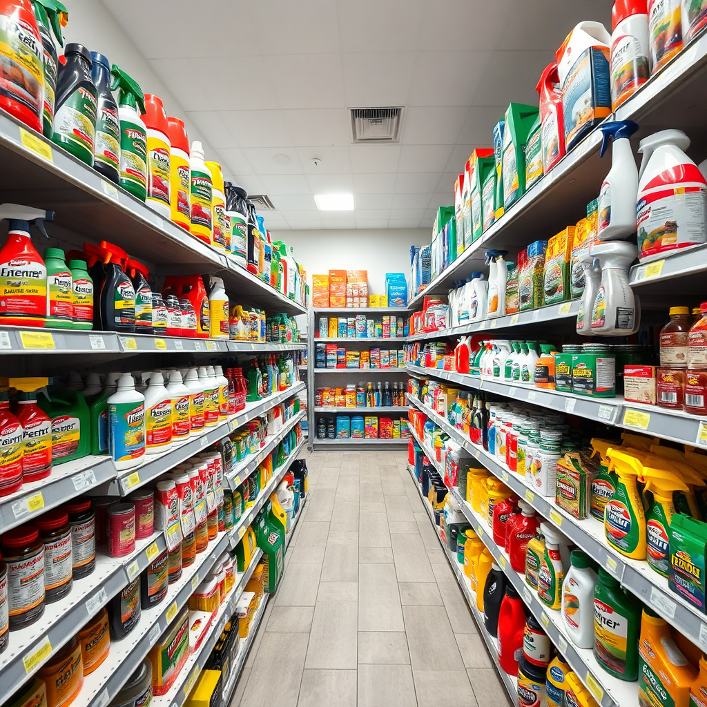 A wide-angle shot of shelves stocked with various pest control products in a well-organized retail setting. Products are neatly arranged by type and brand. Clear labeling and attractive packaging are visible. The lighting is bright and even, highlighting the diversity of the product range. The color palette is vibrant, with various product colors and brand logos. Style reference: retail product photography. The image should be inviting and showcase the extensive selection of available products.