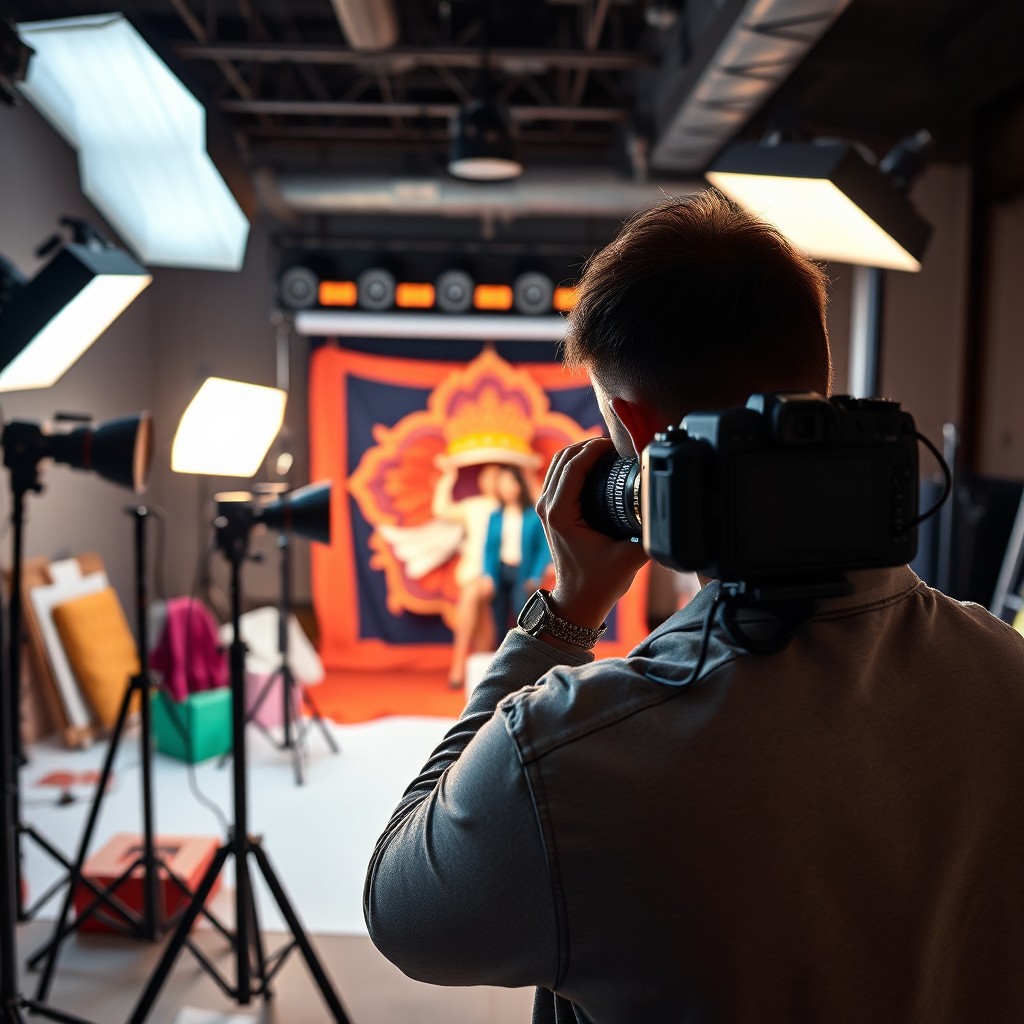A behind-the-scenes shot of a professional photographer capturing a stunning image in a studio setting. The photographer is surrounded by lighting equipment and props. The lighting is dynamic and creative, showcasing the artistry of custom photography. The color palette is vibrant and diverse, reflecting the endless possibilities of visual storytelling. The overall feeling is one of creativity and collaboration.