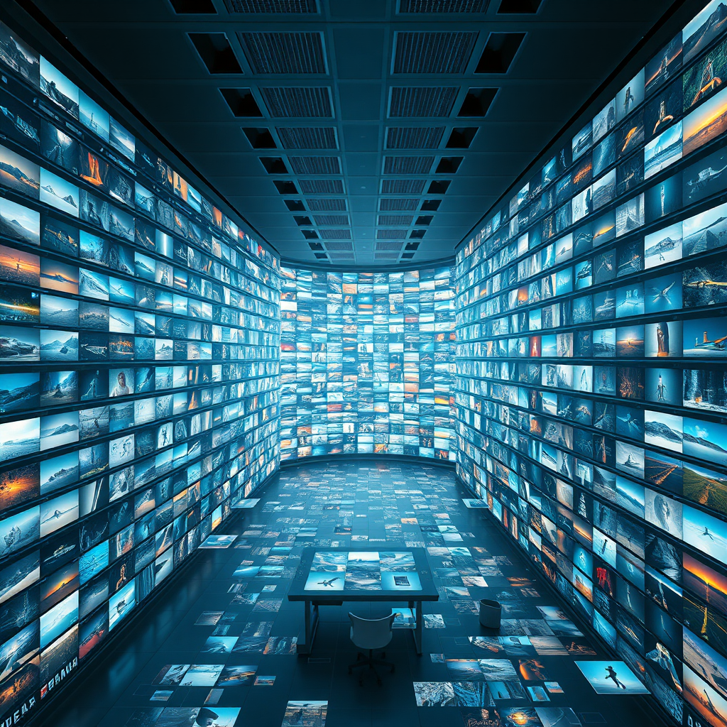 A breathtaking 8K resolution, hyperrealistic photograph capturing the essence of a vast and organized image library. The composition should feature a stylized representation of countless images merging seamlessly, creating a visually stunning spectacle. The lighting should be soft and diffused, emanating from hidden sources, casting subtle shadows that enhance the texture and depth of the 'image ocean'. Imagine a futuristic, minimalist library, with holographic displays showcasing a vibrant array of images. Color palette leans towards blues, teals, and silvers, suggesting technological advancement and vastness, punctuated with bright pops of color from the showcased images. Camera angle: a high, wide shot to emphasize the scale and diversity. Texture details: subtle grain, metallic sheen, and the crisp clarity of high-resolution screens. Environment: a clean, uncluttered space symbolizing order and accessibility. Props: floating holographic displays, touch-screen panels, and stylized data streams. The image should evoke a sense of limitless possibilities and creative inspiration, reminiscent of a scene from a sci-fi movie, but grounded in the reality of digital image management. Inspired by the visual style of 'Blade Runner 2049' and the organizational aesthetic of a modern art museum.