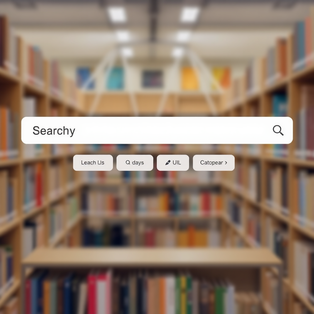A clean, modern interface showcasing a search bar and filtering options. The background is a blurred image, suggesting the vastness of the library. The focus is on the user-friendly design and intuitive functionality of the search tools. The lighting is soft and even, creating a comfortable and inviting experience. Color palette is clean and professional, with a focus on usability and clarity.