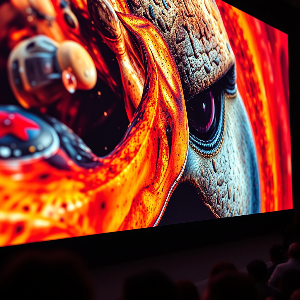 A dramatic close-up shot of a high-resolution image being projected onto a massive screen. The image is sharp, vibrant, and incredibly detailed. The lighting is dynamic, highlighting the clarity and color accuracy of the image. The color palette is rich and diverse, showcasing the full range of visual possibilities. The style is modern and impactful, emphasizing the superior quality of our images. Include visible pixels but keep the focus on overall clarity, simulating the experience of viewing an ultra-high-definition display.