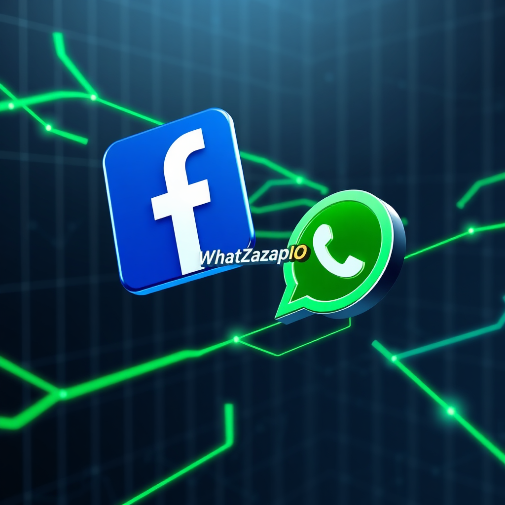 Diagram showing Facebook and WhatsApp logos connecting through the Whatzapio platform.