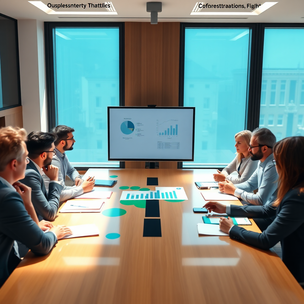 A photorealistic header image depicting a diverse group of business consultants engaged in a dynamic meeting around a large conference table. The room is well-lit with natural light streaming through large windows, reflecting a modern and collaborative work environment. The color palette features warm tones with splashes of blue and green accents, symbolizing growth and success. The consultants are intently discussing strategies, with graphs and charts projected on a screen in the background. The camera angle captures all participants, highlighting engagement and professionalism. The image should be in 8K resolution, hyperrealistic.