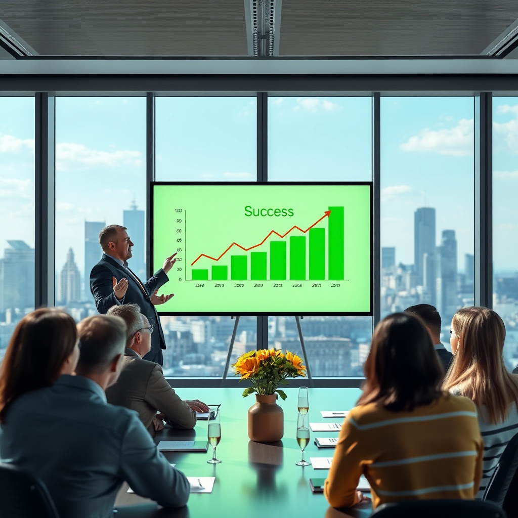 A photorealistic image depicting a consultant presenting a success chart to a group in a brightly lit boardroom. The background features a large window with a view of a city skyline. The color scheme includes vibrant greens and blues, symbolizing prosperity and freshness. Attention to detail in the textures of the clothing and materials enhances the realism of the scene.