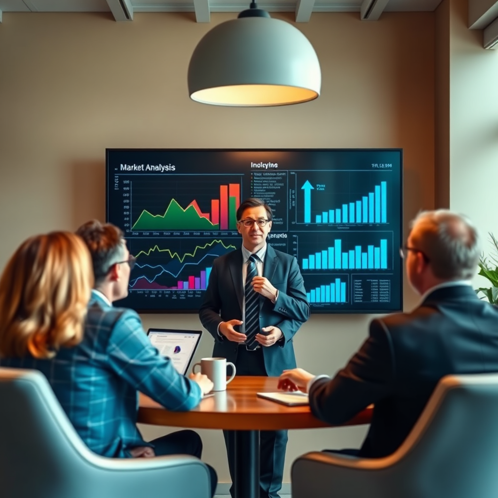 A photorealistic image of a consultant discussing market analysis with clients, surrounded by charts and graphs on a large screen. The atmosphere is professional yet inviting, with a color palette that includes calming greens and blues, symbolizing informed decision-making.