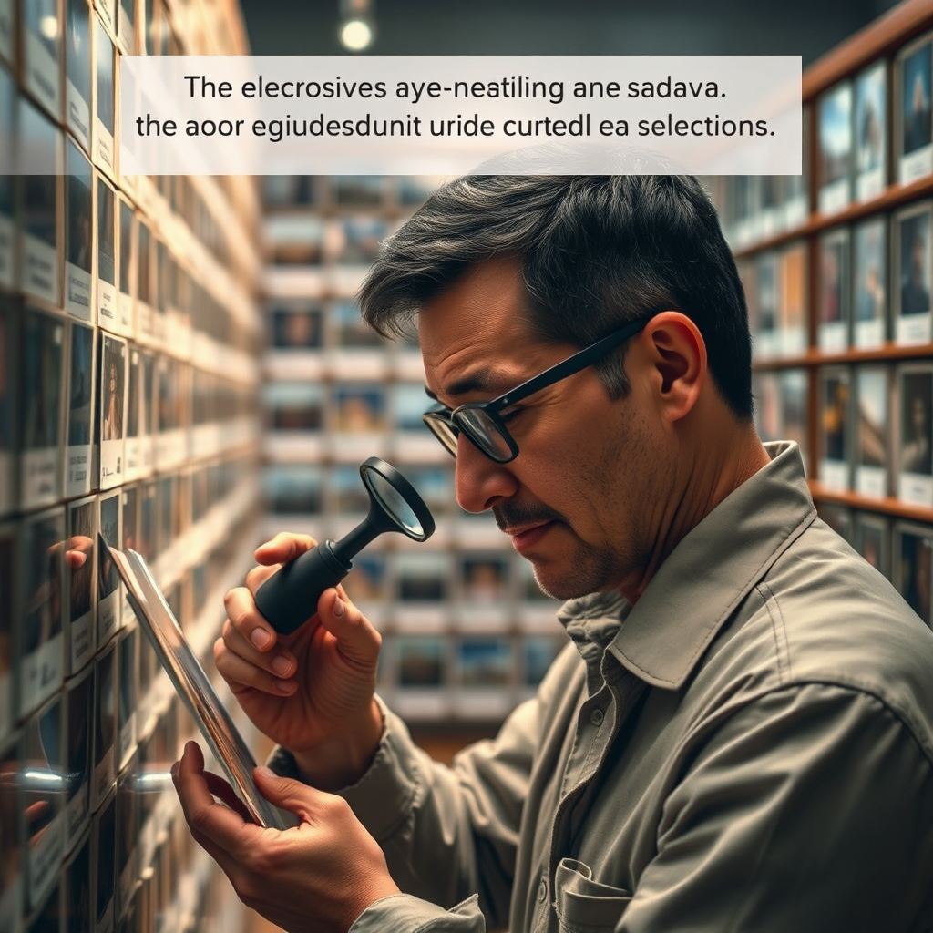 A photorealistic image of a curator meticulously examining a high-resolution photograph using a magnifying glass. The background is filled with rows of perfectly organized and labelled images, reflecting a sense of precision and expertise. Soft, natural lighting illuminates the scene, highlighting the details of the photograph and the curator's focused expression. Color palette is warm and inviting, with earthy tones and subtle highlights. The style is reminiscent of a classic art gallery, but with a modern, digital twist. Capture the dedication behind our curated selections.