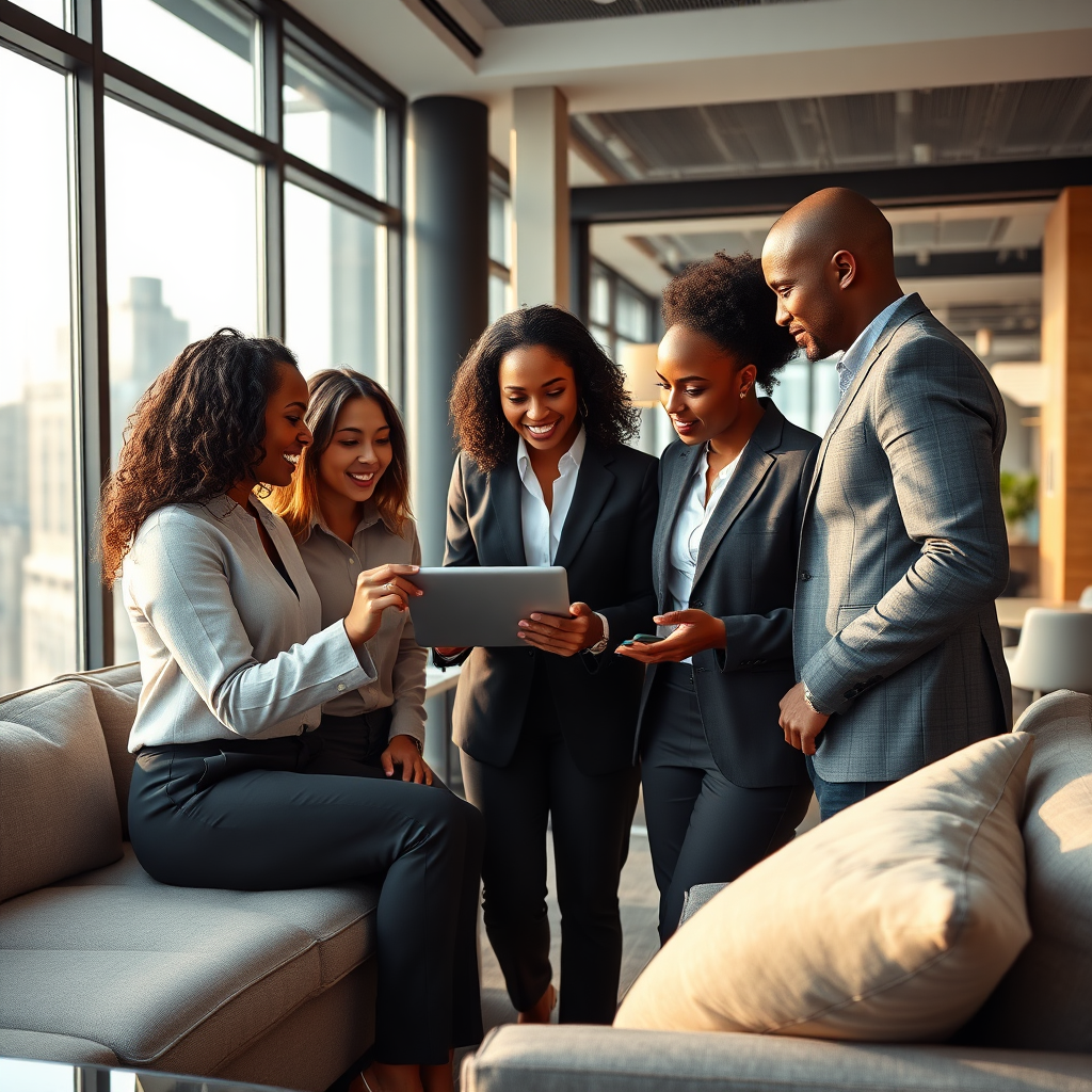 A photorealistic image of a diverse consulting team discussing future trends over a digital tablet in a spacious office with a city view. The composition combines professional attire with a modern environment, while warm soft lighting conveys optimism. Soft textures in the furniture add comfort to the otherwise professional setting.
